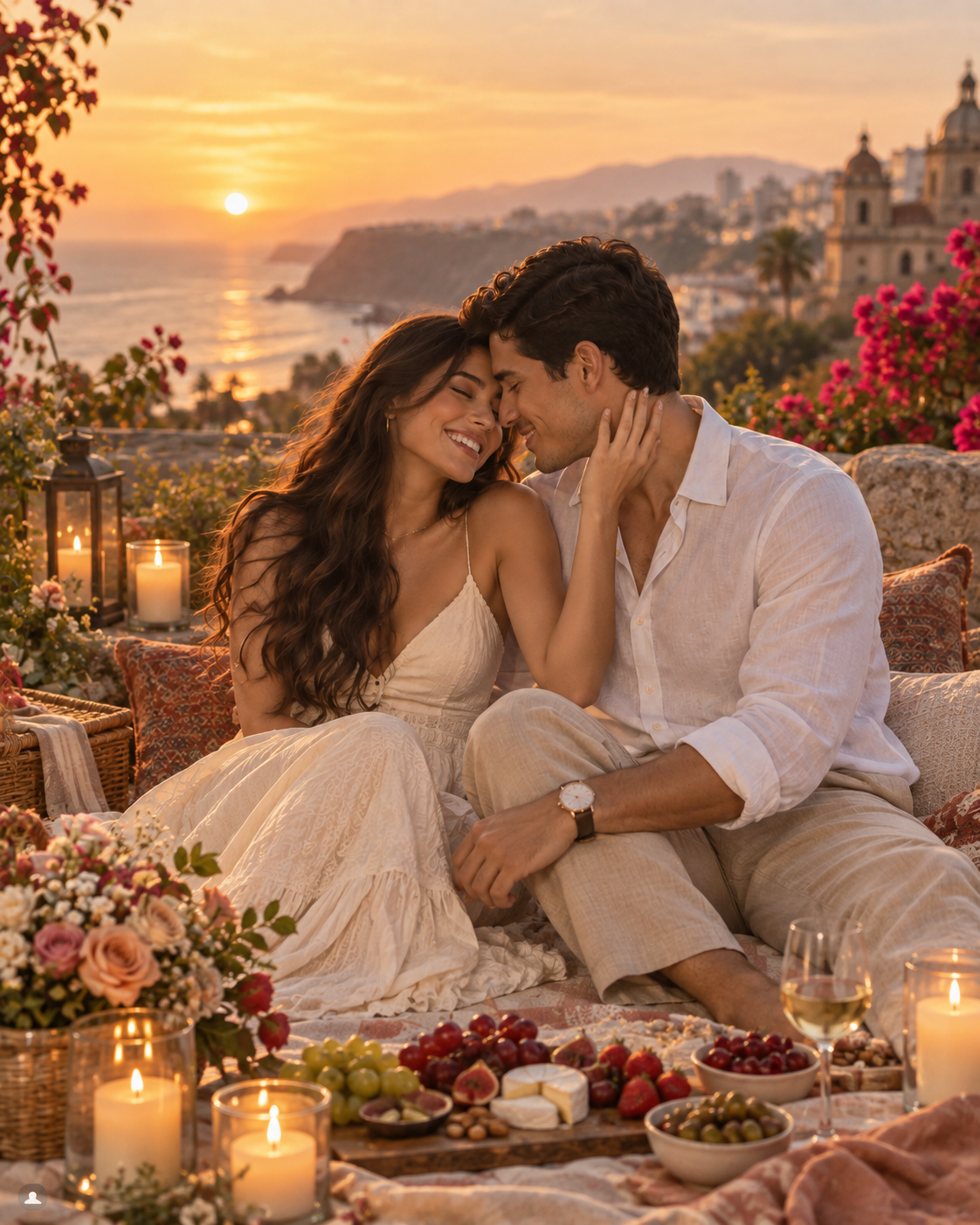 Valeria y Sebastián en un picnic al atardecer con velas y flores