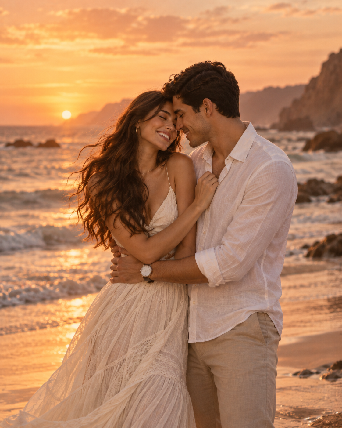 Pareja ficticia Valeria y Diego frente al mar al atardecer