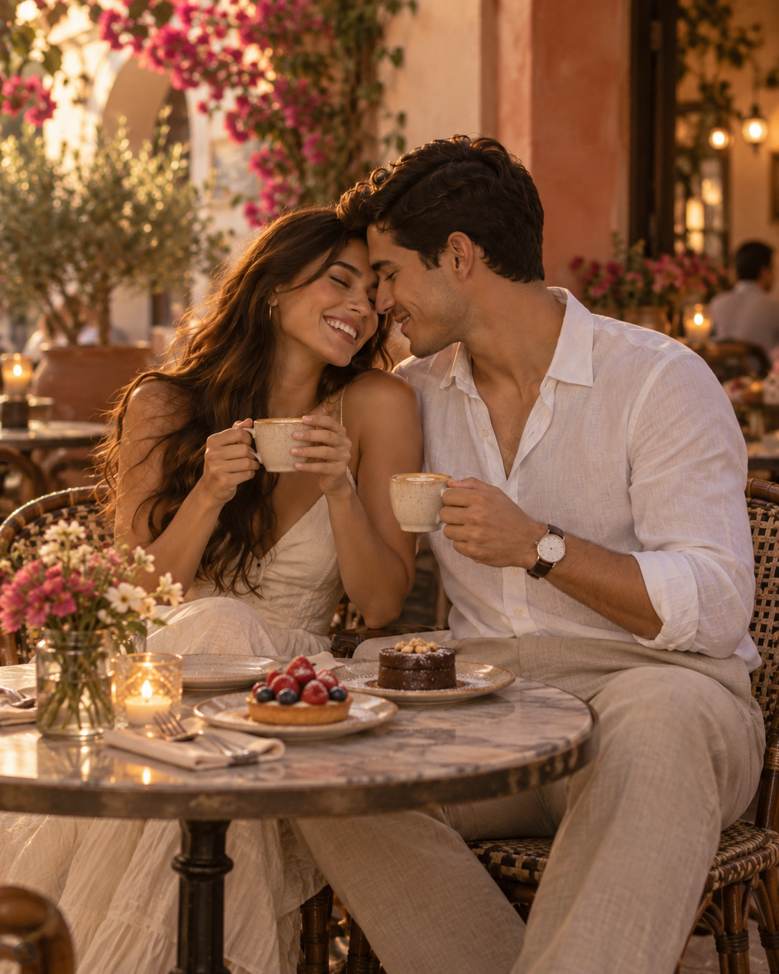 Pareja ficticia Valeria y Diego compartiendo un café